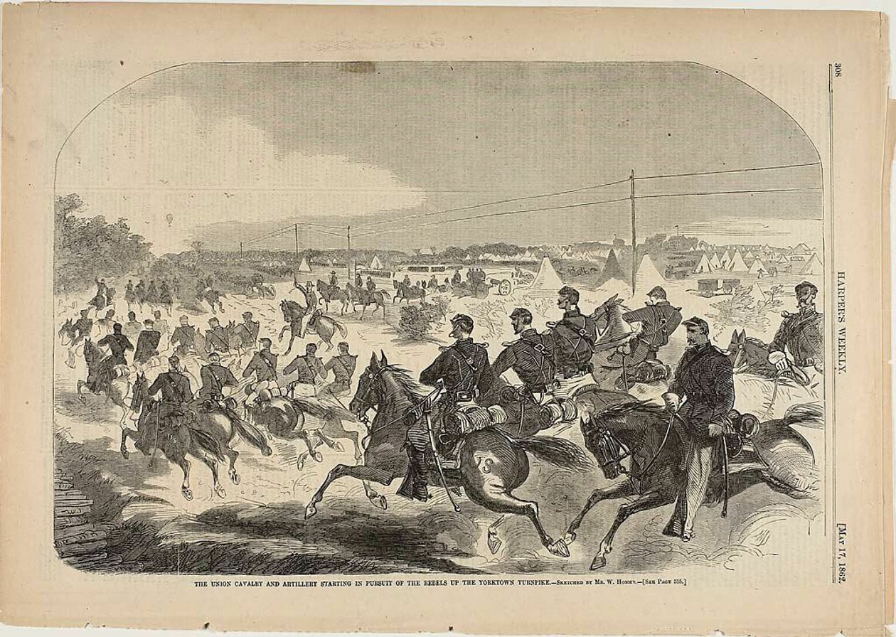 Kavalerie a dělostřelectvo Unie začínají pronásledovat povstalce na Yorktown Turnpike od Winslow Homer