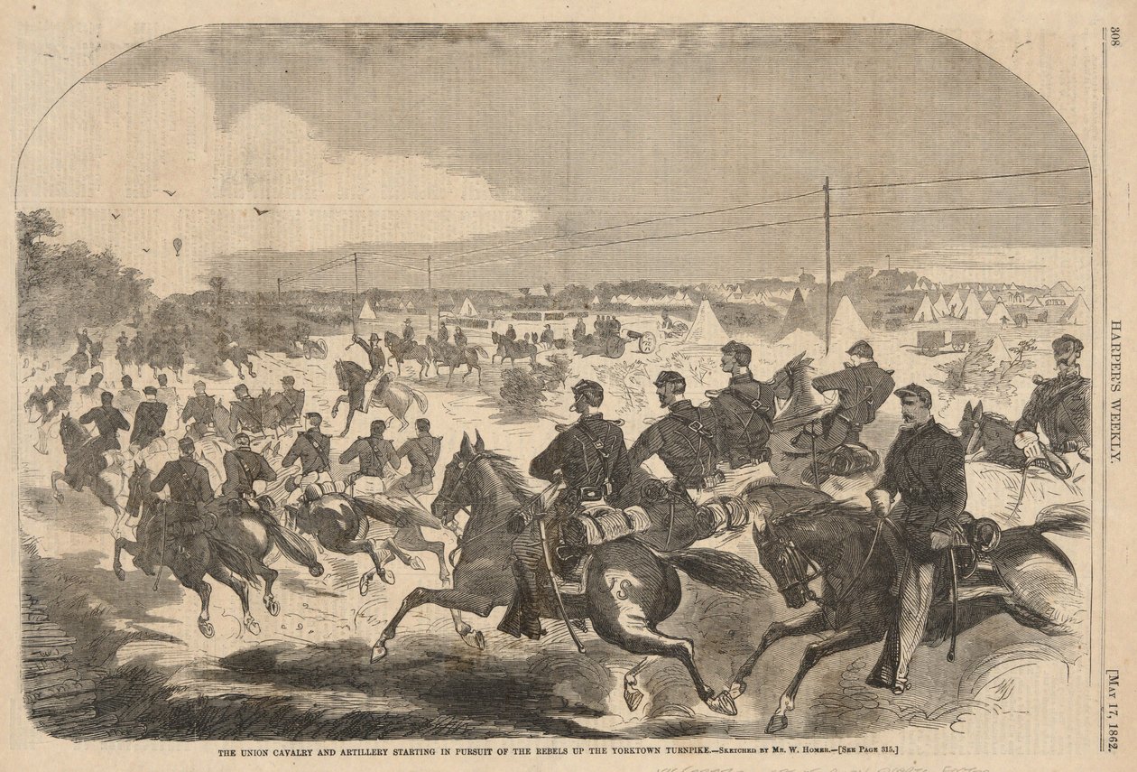 Jízda a dělostřelectvo Unie zahajují pronásledování rebelů po Yorktown Turnpike, z Harper