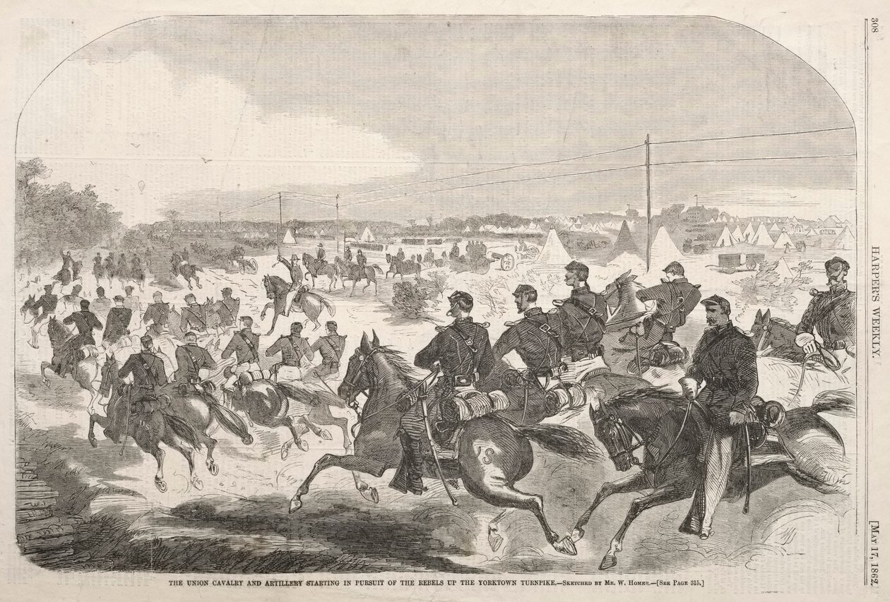 Svazová kavalérie a dělostřelectvo začínající při pronásledování rebelů po silnici Yorktown, 1862. od Winslow Homer