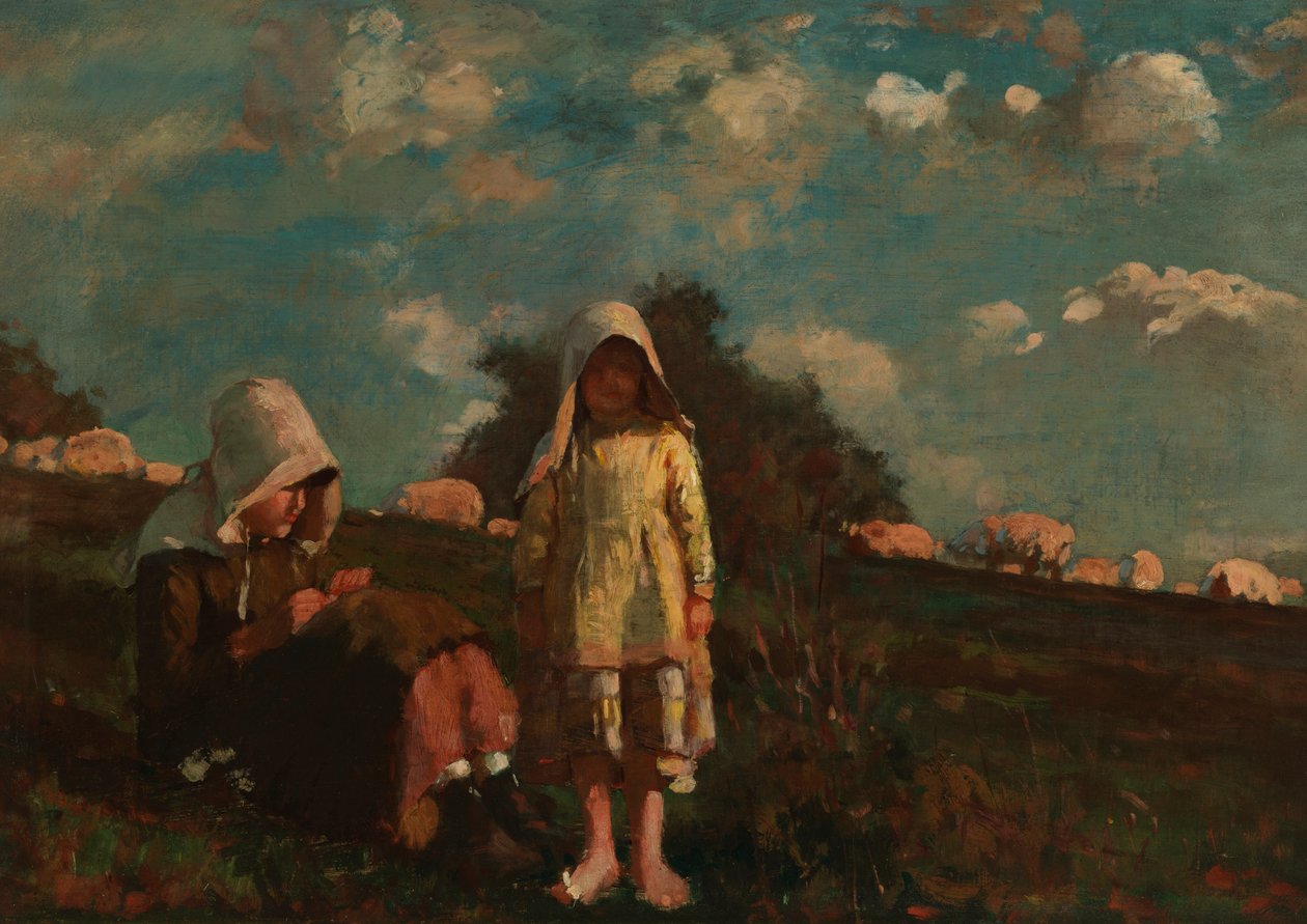 Dvě dívky s čepicemi v poli od Winslow Homer