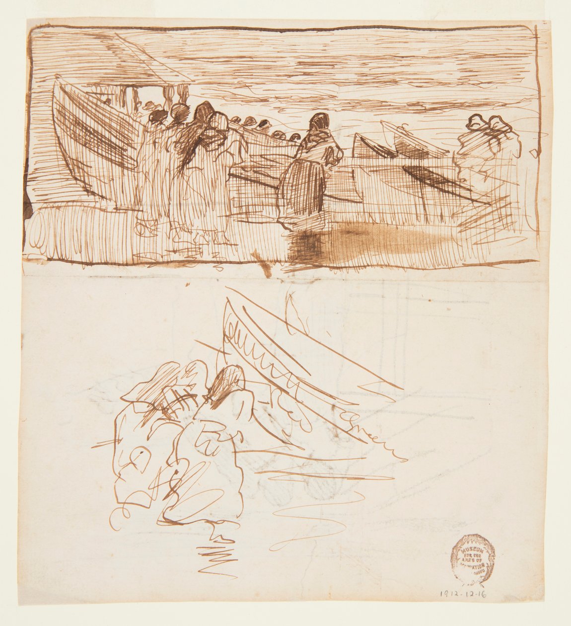 Dvě studie žen stojících za zábradlím, pohled na uvedení Dories, Cullercoats, Anglie od Winslow Homer