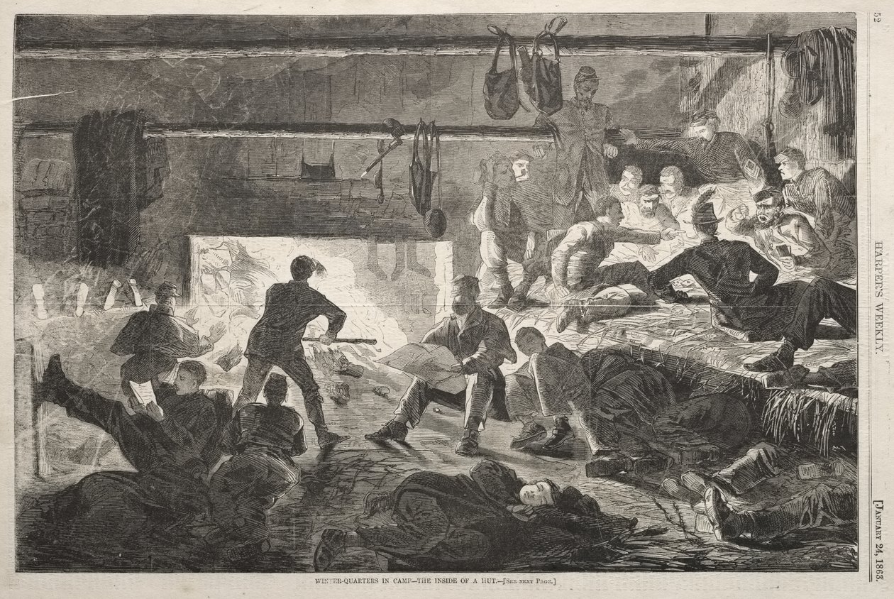 Zimní tábor – vnitřek chaty od Winslow Homer