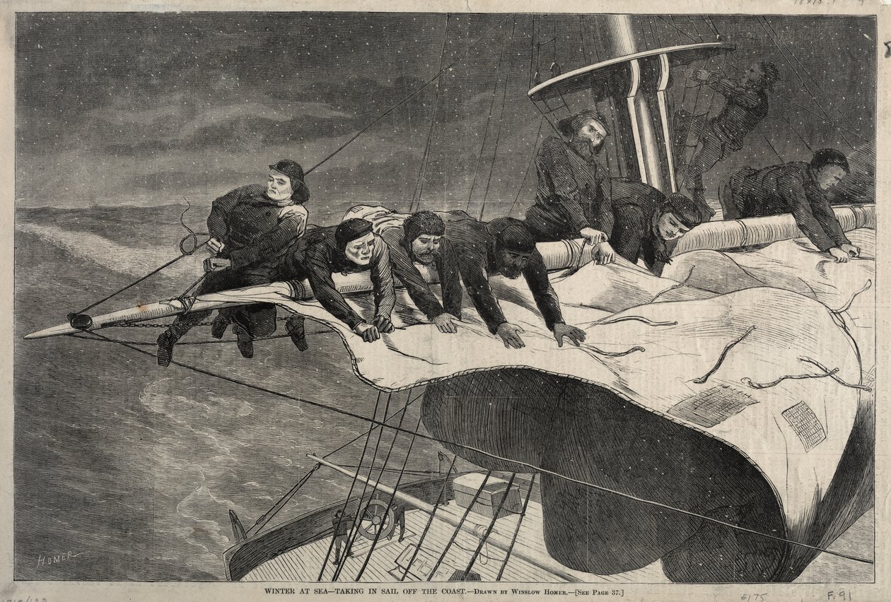 Zima na moři – rozvinutí plachet u pobřeží od Winslow Homer