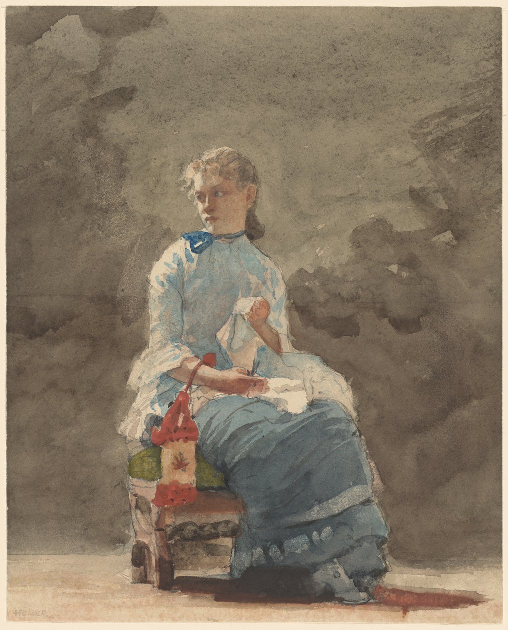 Žena šití, 1878-9 (akvarel přes grafit na špinavě bílý tkaný akvarelový papír) od Winslow Homer