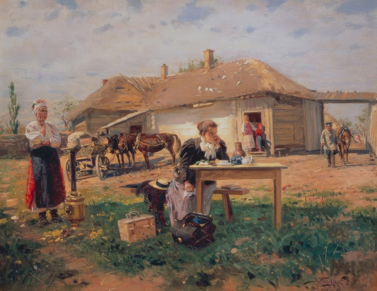 Příjezd učitele do vesnice od Wladimir Jegorowitsch Makowski