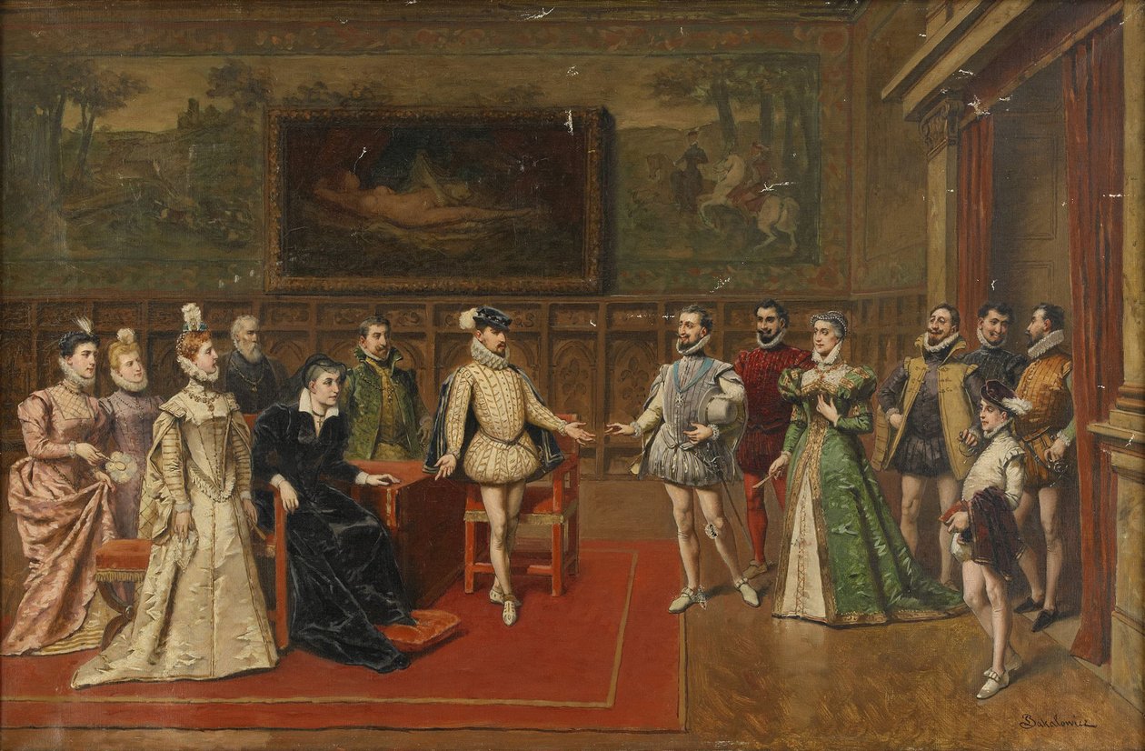 Catherine de Medici se setkává se svými syny Karlem IX. a Jindřichem III od Wladyslaw Bakalowicz