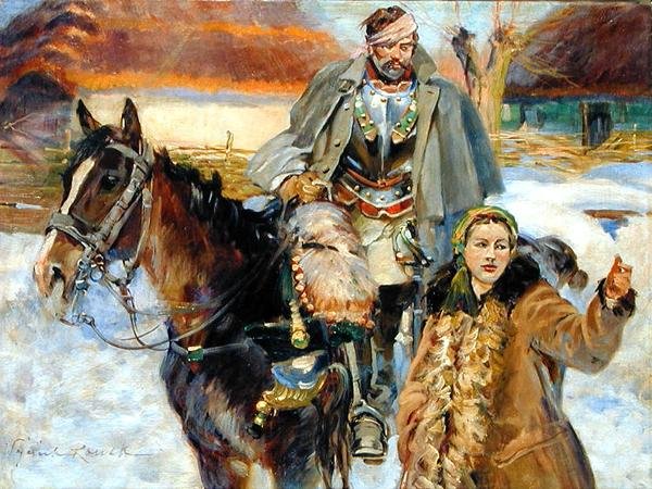 Zraněný kyrysník s dívkou, kolem roku 1930 (olej na plátně) od Wojciech Kossak