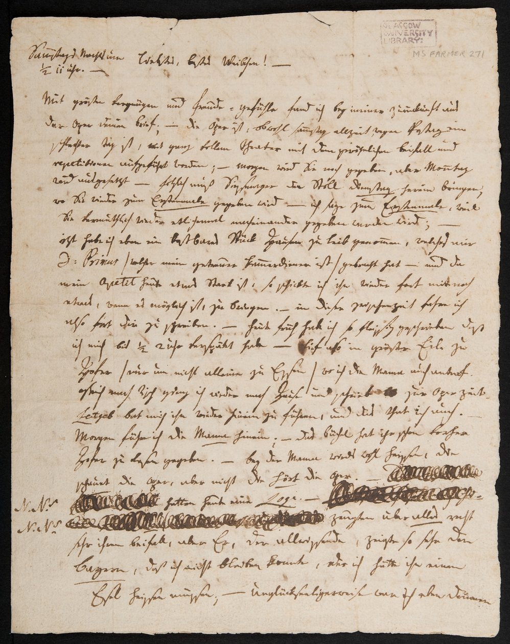 MS Farmer 2715 Dopis W.A. Mozarta jeho ženě Konstanze, 1791 (inkoust na papíře), strana 1 od Wolfgang Amadeus Mozart