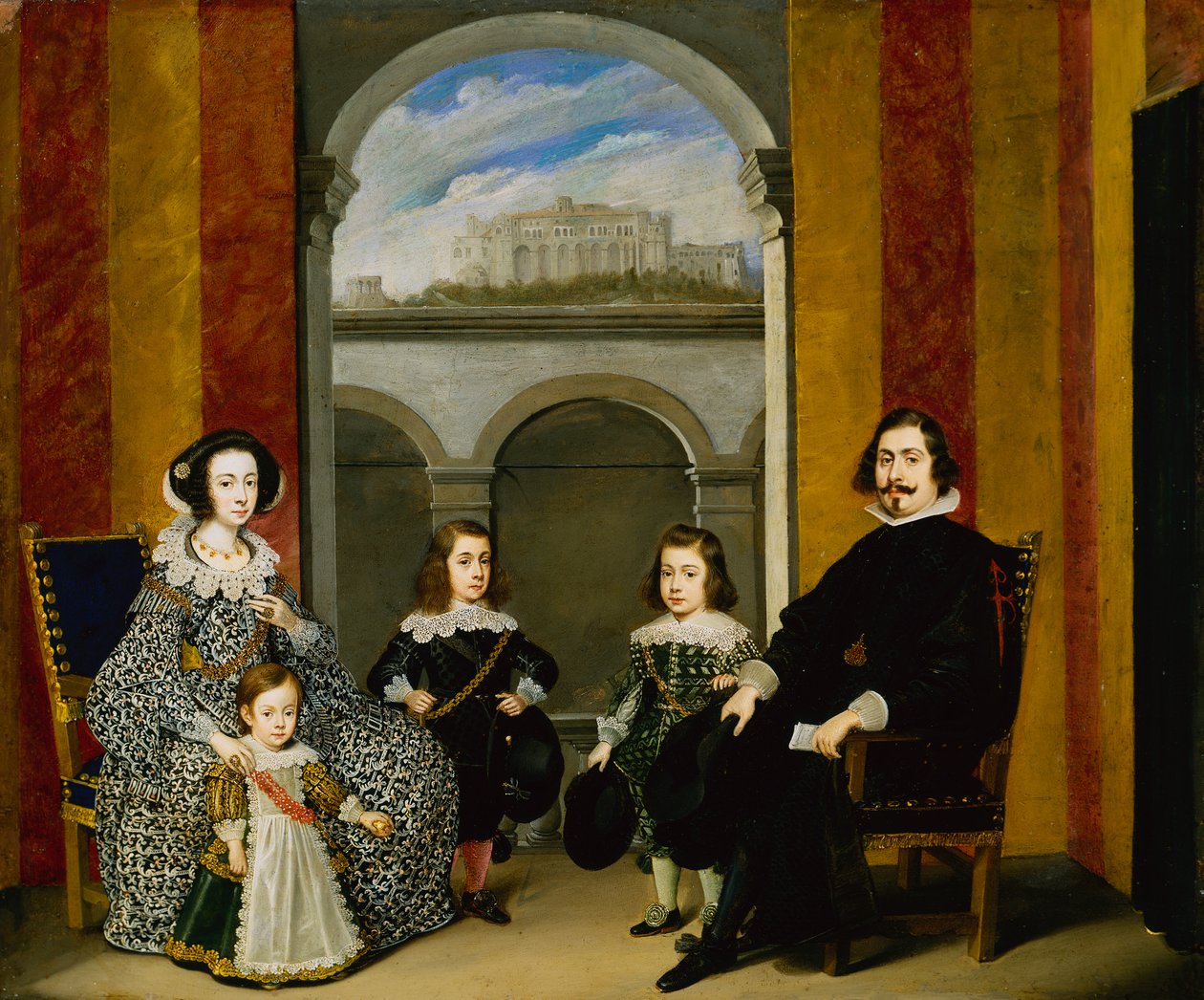 Francesco Tapia, Conte del Vasto, se svou rodinou sedí v interiéru Palazzo Tapia s výhledem na Castello di Sant Elmo od Wolfgang Heimbach