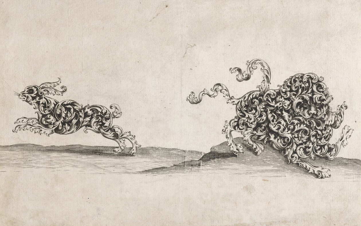 Lev a zajíc ve složení okrasné listové práce od Wolfgang Hieronymus von Bömmel