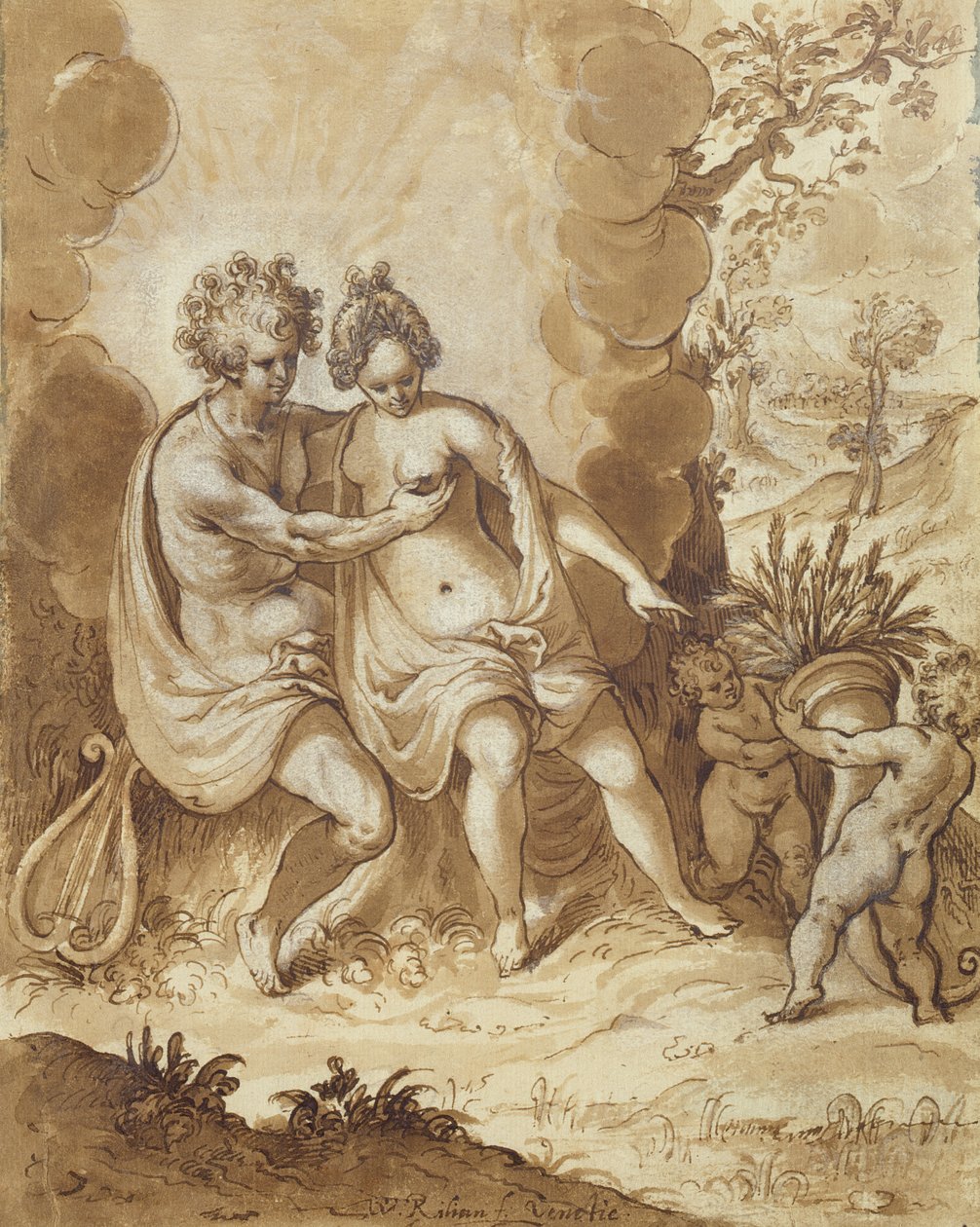 Apollo a Ceres, 1605 (tužka, wc a bílé zvýraznění na papíře) od Wolfgang Kilian