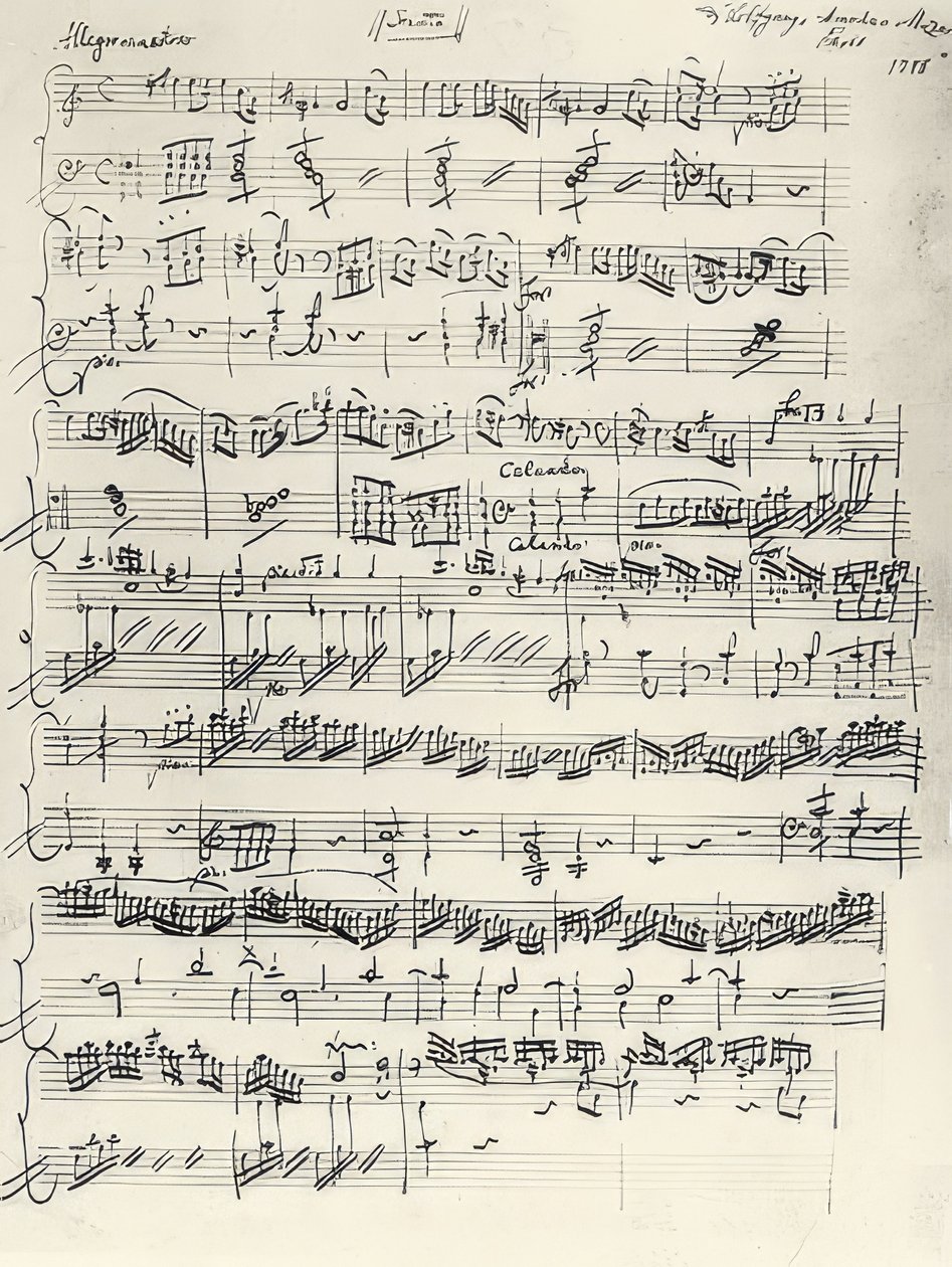 Začátek klavírní sonáty a moll. KV310. Autogram. 1778 od Wolfgang Amadeus Mozart