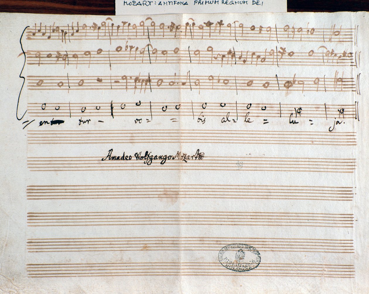 Strana se skladatelovým podpisem Querite poprvé v království Božím od Mozarta k získání titulu Accademico filarmonico (1770) od Wolfgang Amadeus Mozart