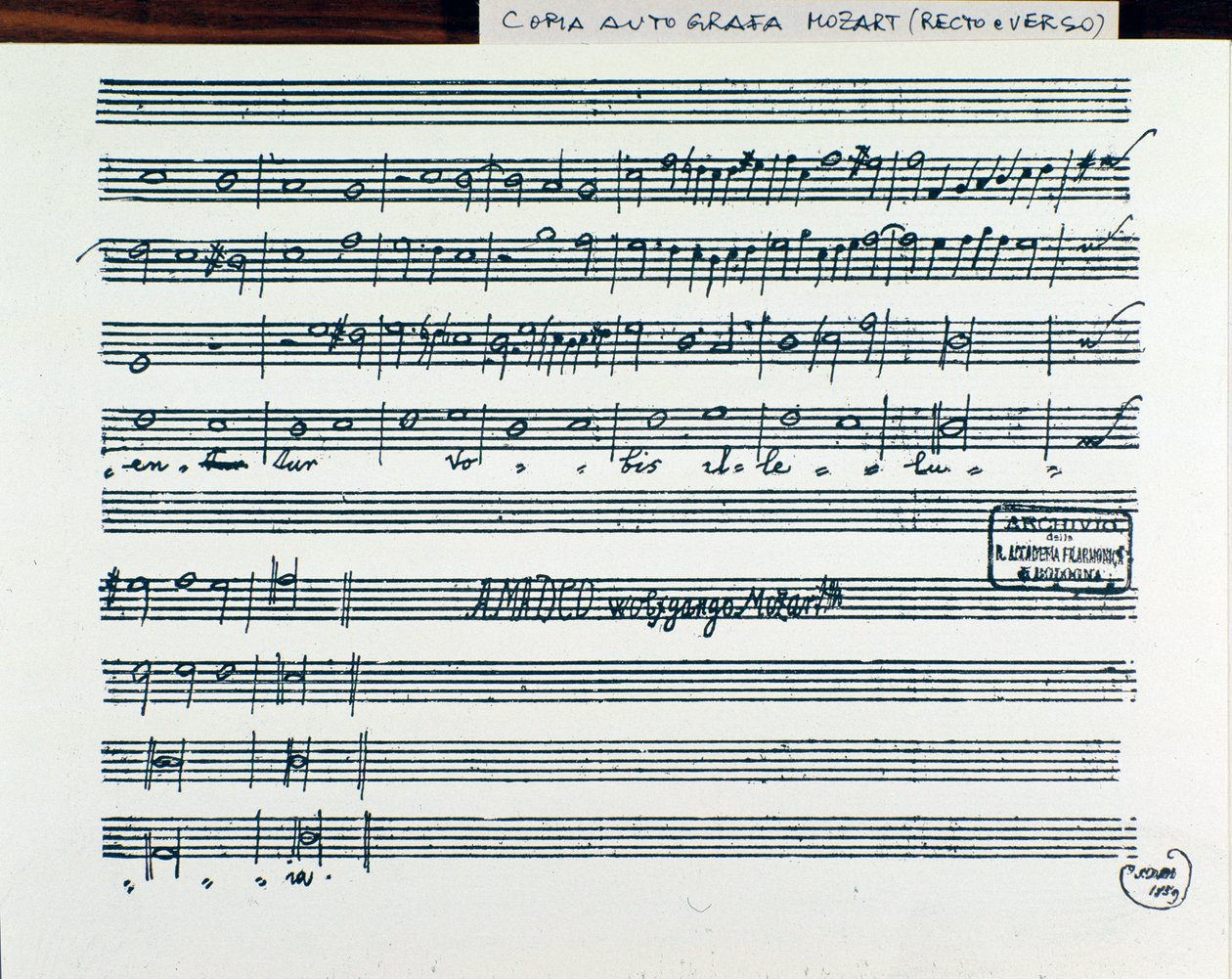 Notová stránka pro Mozartovo hledejte první království Boží, abyste získali titul Accademia filarmonico, verze opravená otcem Martinim (1770) od Wolfgang Amadeus Mozart