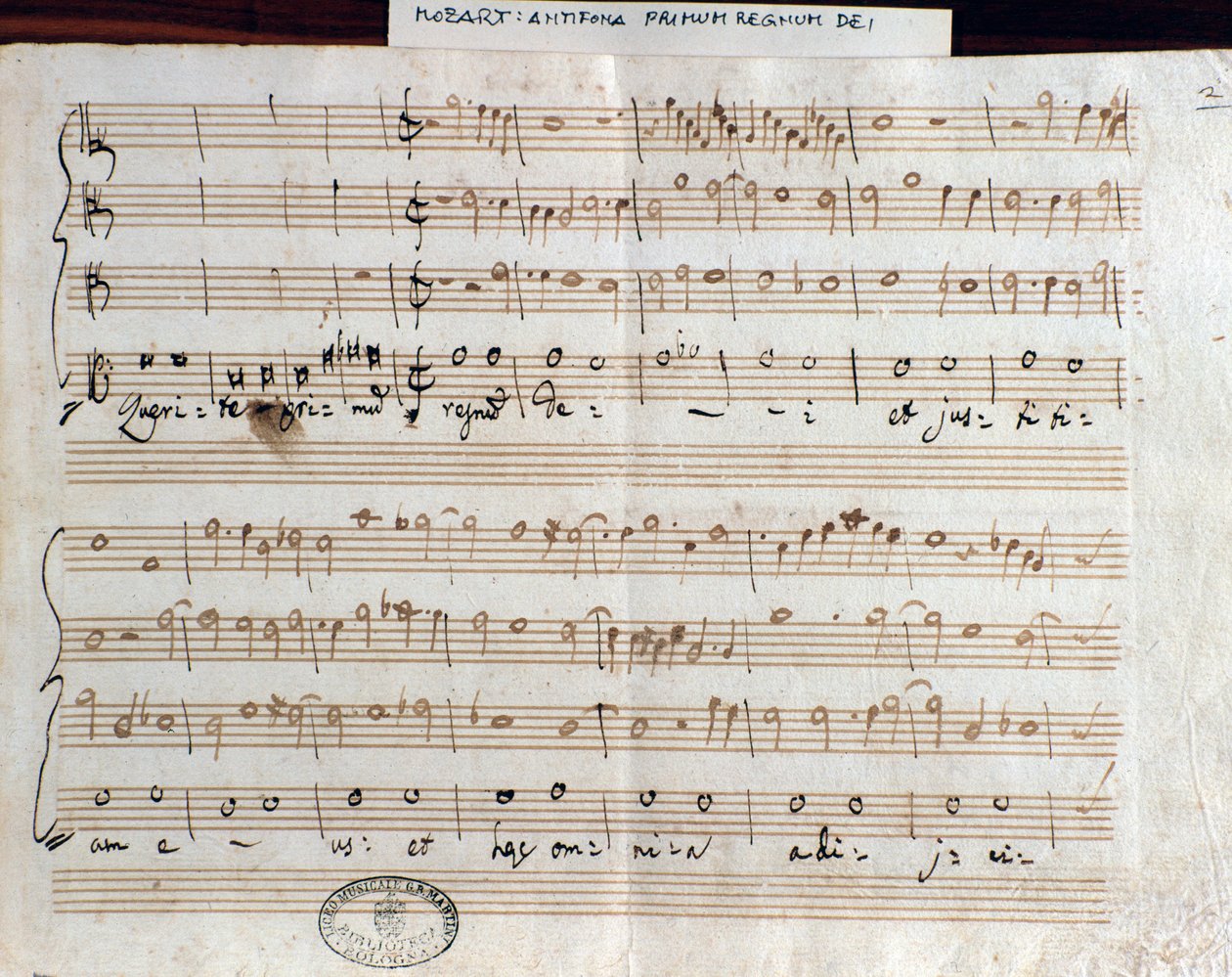 Notová stránka knihy Seek the first Kingdom of God od Mozarta k získání titulu Accademico filarmonico (1770) od Wolfgang Amadeus Mozart
