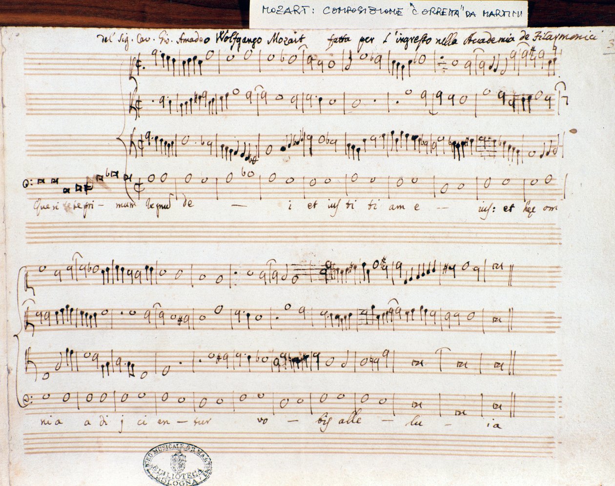 Notová stránka knihy Seek the first Kingdom of God od Mozarta k získání titulu Accademico filarmonico (1770) od Wolfgang Amadeus Mozart