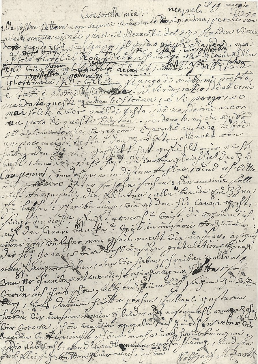 Wolfgang Amadeus Mozart (1756-1791) rakouský hudební skladatel. Ručně psaný dopis jeho sestře Nannerl. Neapol 19. března 1770 od Wolfgang Amadeus Mozart