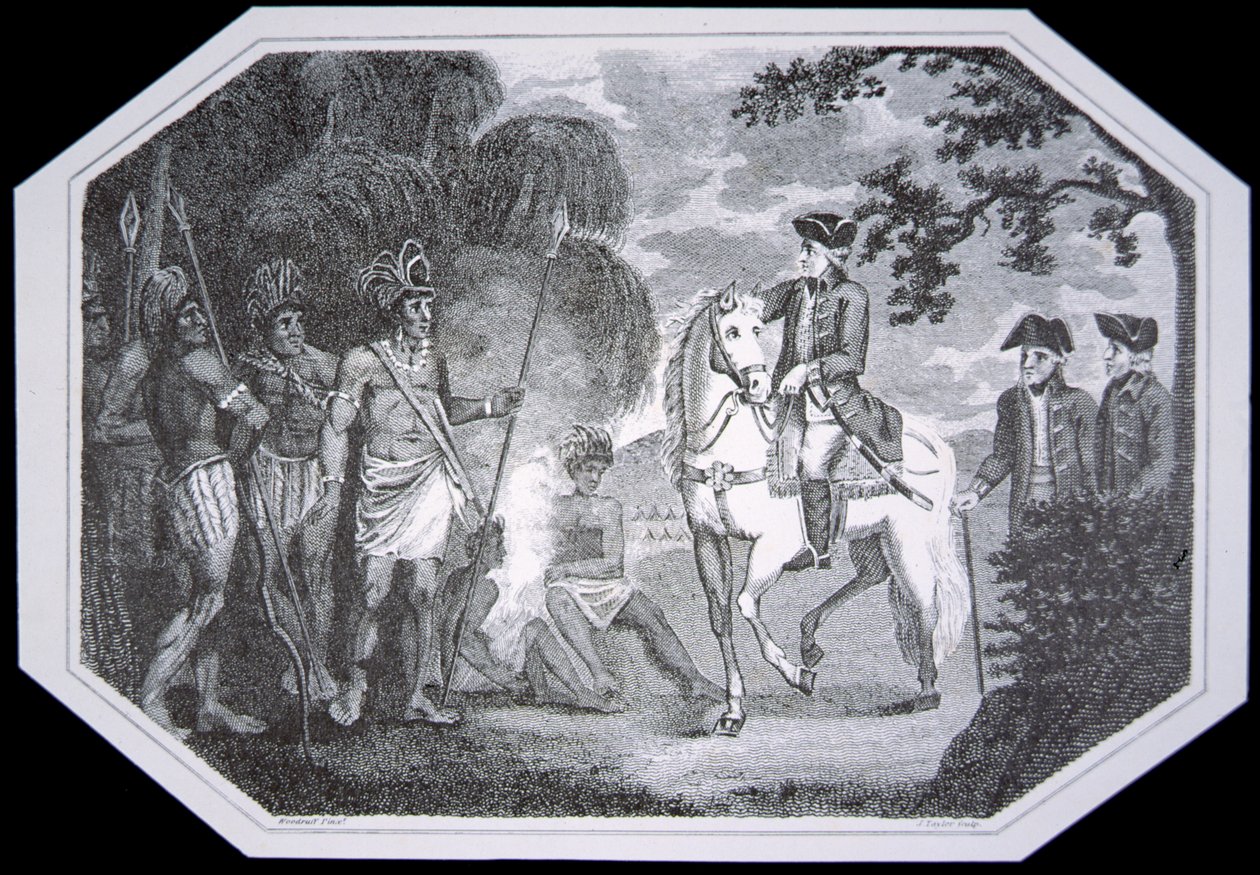 Generál Burgoyne a Indiáni v roce 1777, vyrytý J. Taylorem, z „Dějiny Anglie“ od Davida Humea a Tobiase Smolletta, vydáno Londýn od Woodruff (after)