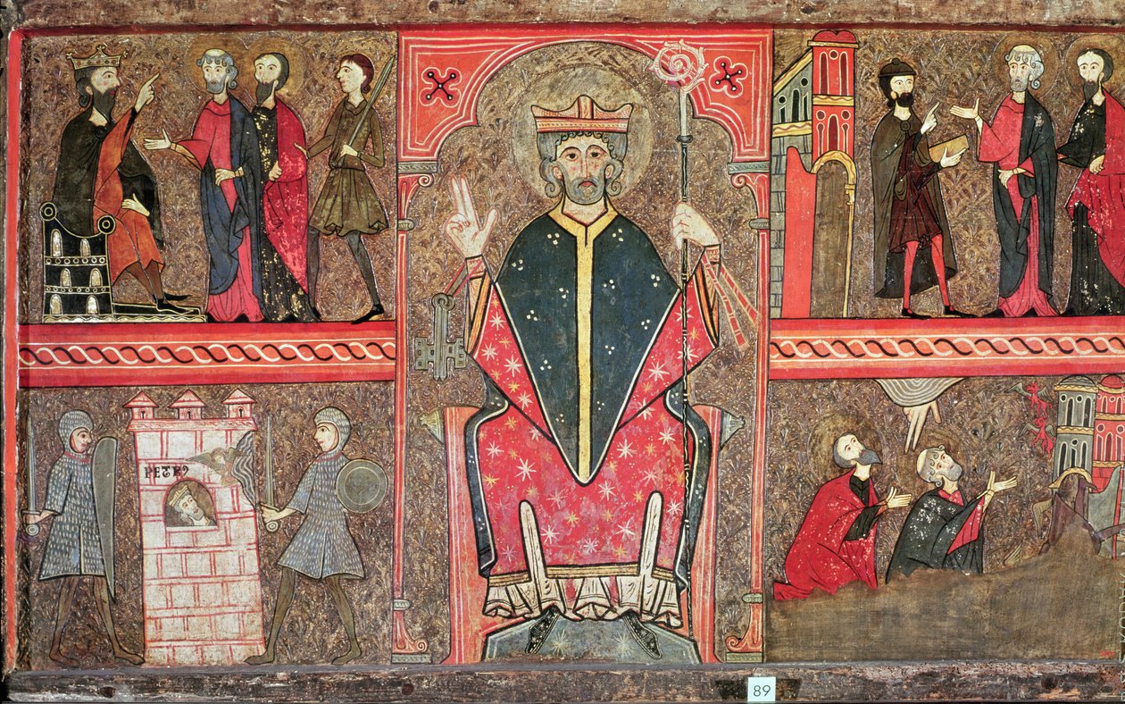 Oltářní fronton s vyobrazením sedícího svatého Petra s křížkem a čtyřmi výjevy z jeho života, 1150-1200 (tempera na desce) od Workshop of Lleida