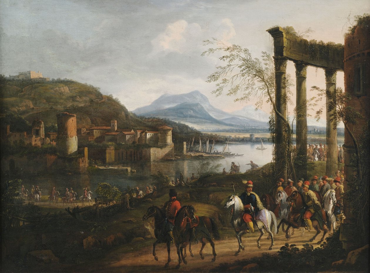 Rozsáhlá italská říční krajina se zříceninami, přístavními zařízeními a velkou kavalkádou od Willem van Bemmel