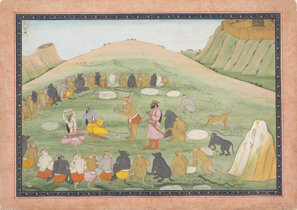 Hanuman oživuje Rámu a Lakšmanu léčivými bylinami..., série Ramayana, ca. 1790. od Workshop active in the First generation