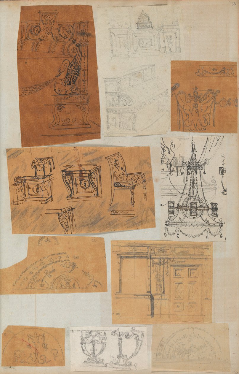 Stránka z Scrapbook obsahující kresby a několik tisků architektury, Int..., ca. 1800-1850. Tvůrci: Workshop Charlese Perciera, Workshop Pierra Françoise Léonarda Fontaina. od Workshop of Charles Percier, Workshop of Pierre