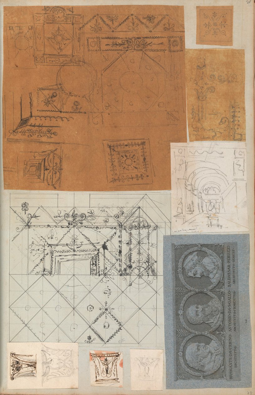 Stránka z Scrapbook obsahující kresby a několik tisků architektury, Int..., ca. 1800-1850. Tvůrci: Workshop Charlese Perciera, Workshop Pierra Françoise Léonarda Fontaina. od Workshop of Charles Percier, Workshop of Pierre