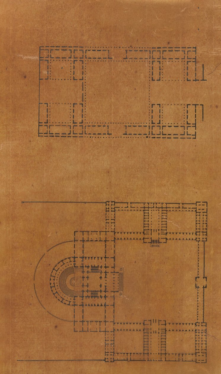 Stránka z Scrapbook obsahující kresby a několik tisků architektury, Int..., ca. 1800-1850. Tvůrci: Workshop Charlese Perciera, Workshop Pierra Françoise Léonarda Fontaina. od Workshop of Charles Percier, Workshop of Pierre