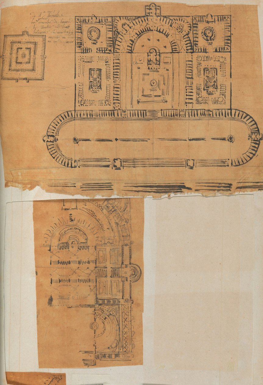 Stránka z Scrapbook obsahující kresby a několik tisků architektury, Int..., ca. 1800-1850. Tvůrci: Workshop Charlese Perciera, Workshop Pierra Françoise Léonarda Fontaina. od Workshop of Charles Percier, Workshop of Pierre