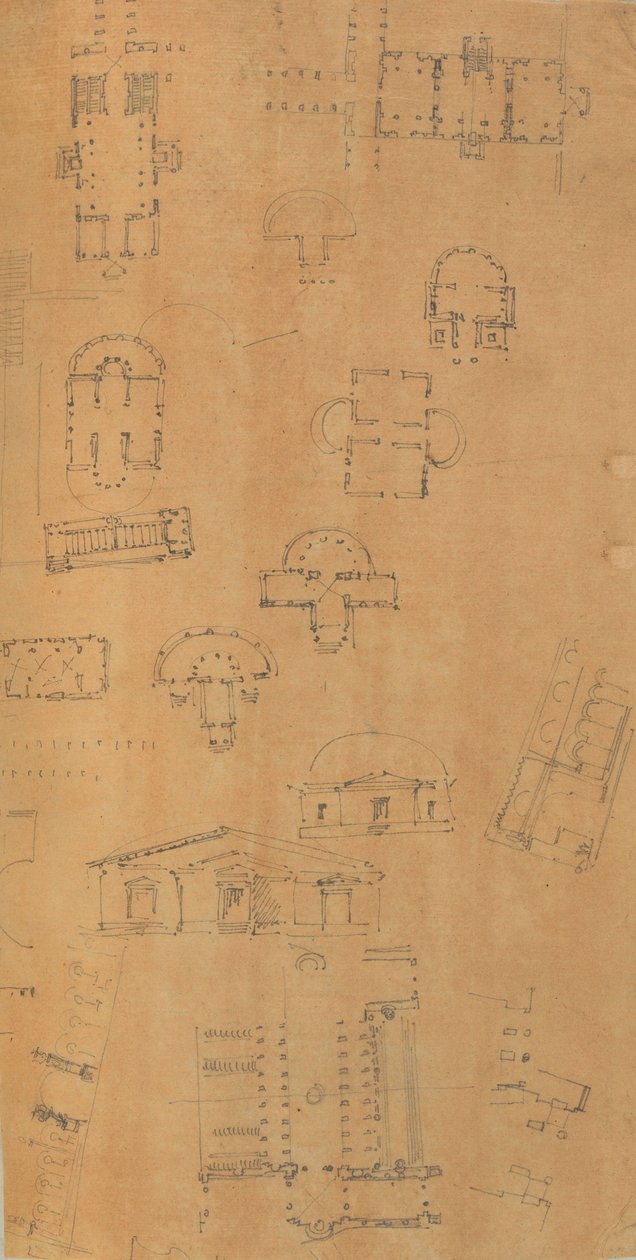 Stránka z Scrapbook obsahující kresby a několik tisků architektury, Int..., ca. 1800-1850. Tvůrci: Workshop Charlese Perciera, Workshop Pierra Françoise Léonarda Fontaina. od Workshop of Charles Percier, Workshop of Pierre