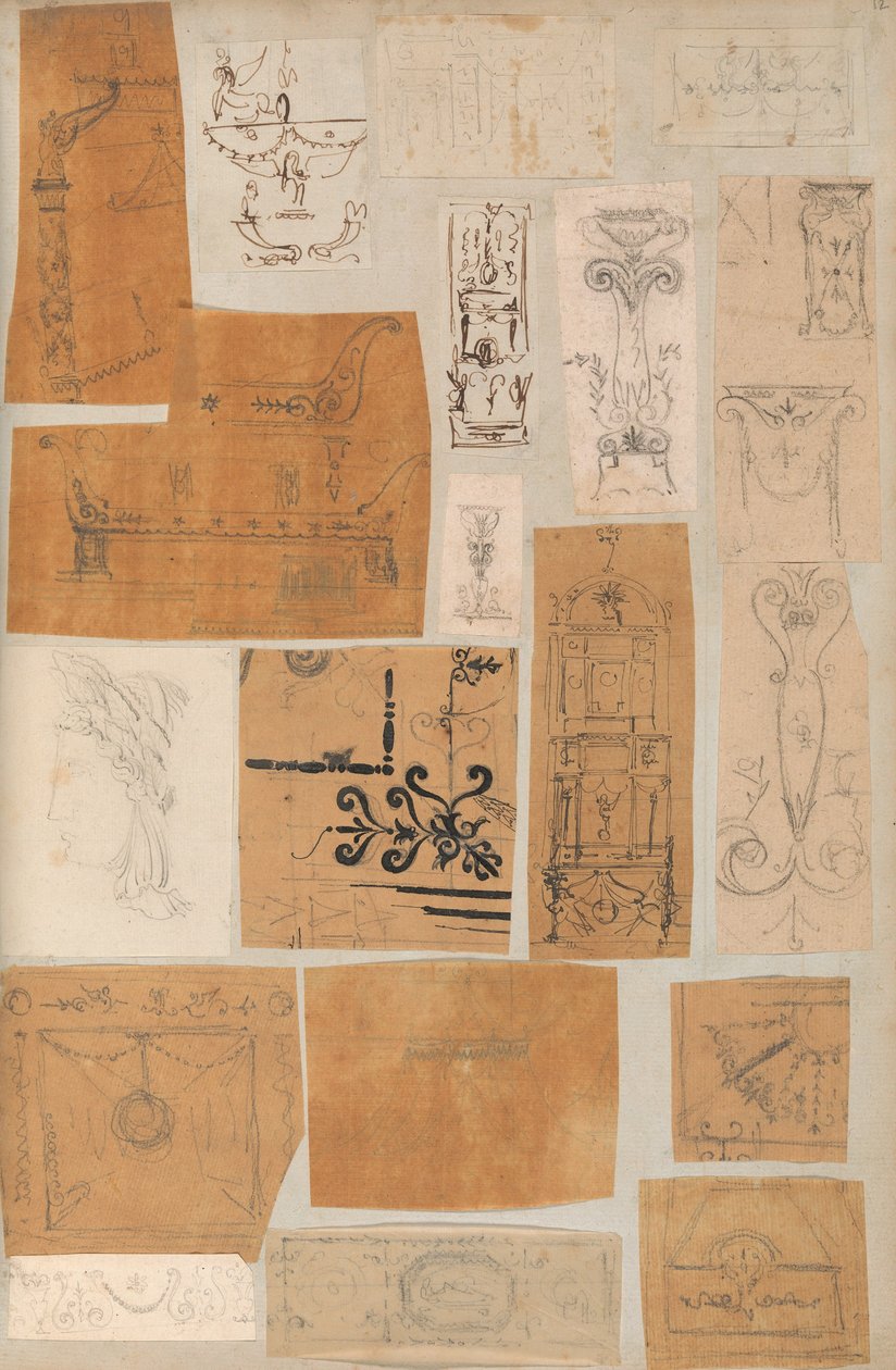 Stránka z Scrapbook obsahující kresby a několik tisků architektury, Int..., ca. 1800-1850. Tvůrci: Workshop Charlese Perciera, Workshop Pierra Françoise Léonarda Fontaina. od Workshop of Charles Percier, Workshop of Pierre