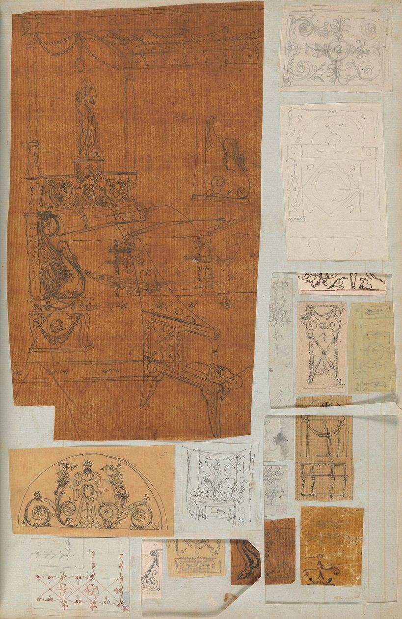 Stránka z Scrapbook obsahující kresby a několik tisků architektury, Int..., ca. 1800-1850. Tvůrci: Workshop Charlese Perciera, Workshop Pierra Françoise Léonarda Fontaina. od Workshop of Charles Percier, Workshop of Pierre