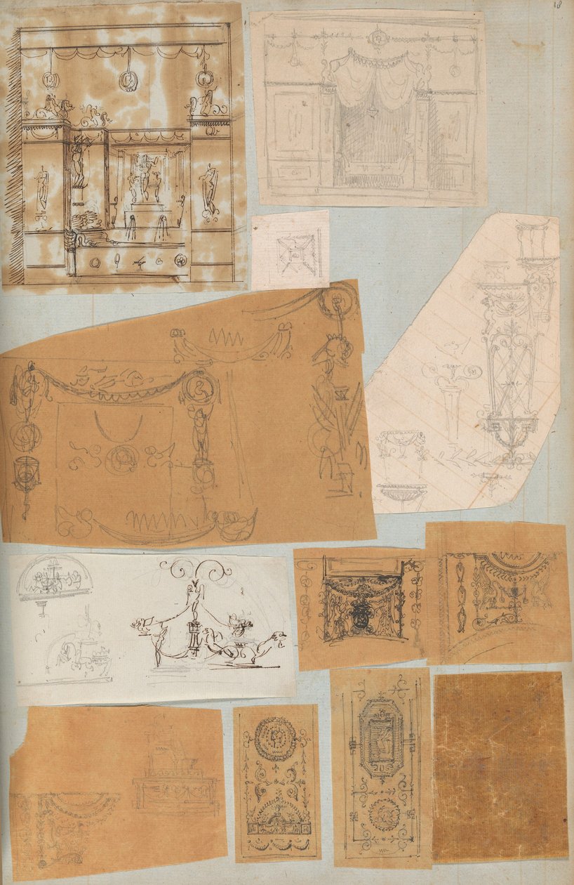 Stránka z Scrapbook obsahující kresby a několik tisků architektury, Int..., ca. 1800-1850. Tvůrci: Workshop Charlese Perciera, Workshop Pierra Françoise Léonarda Fontaina. od Workshop of Charles Percier, Workshop of Pierre