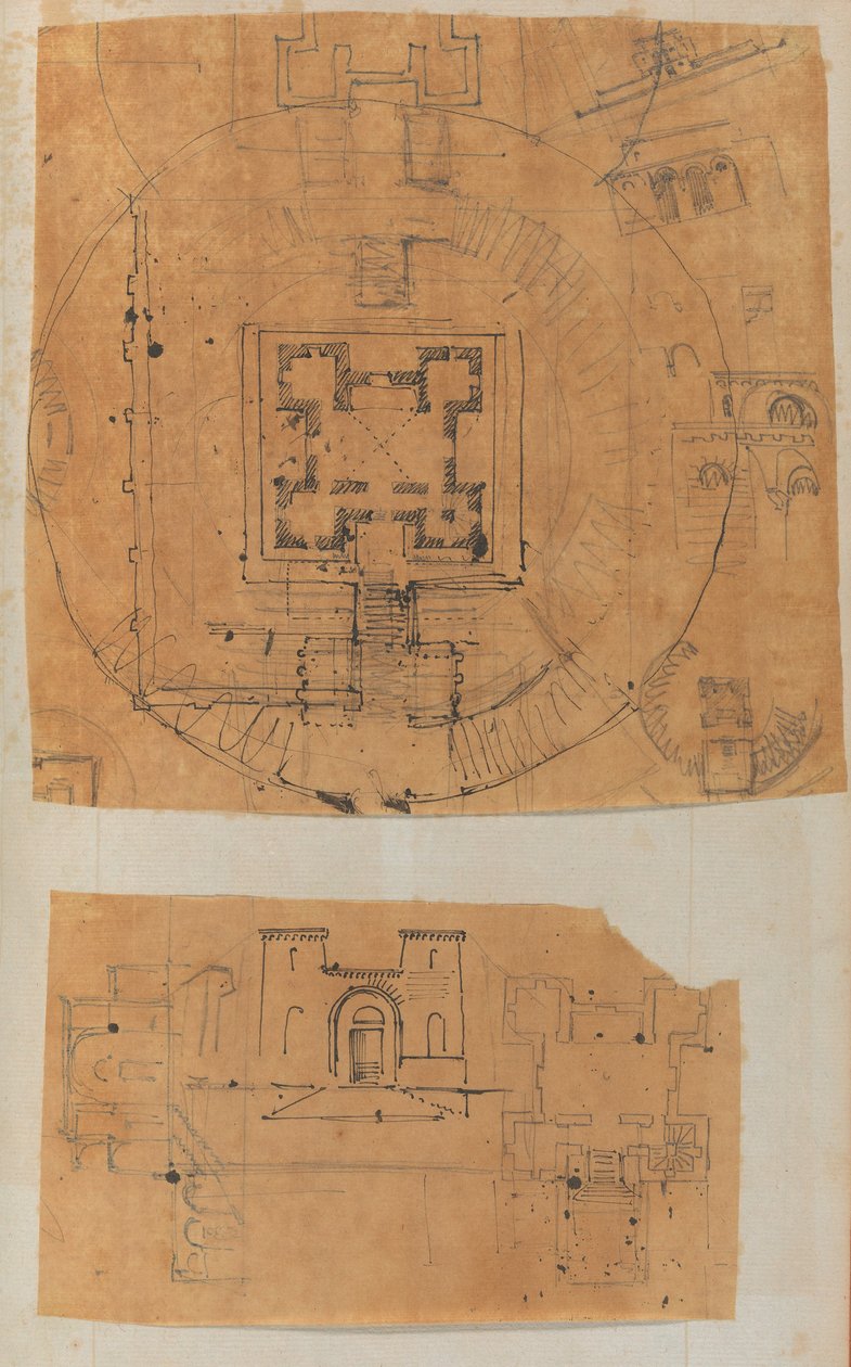 Stránka z Scrapbook obsahující kresby a několik tisků architektury, Int..., ca. 1800-1850. Tvůrci: Workshop Charlese Perciera, Workshop Pierra Françoise Léonarda Fontaina. od Workshop of Charles Percier, Workshop of Pierre