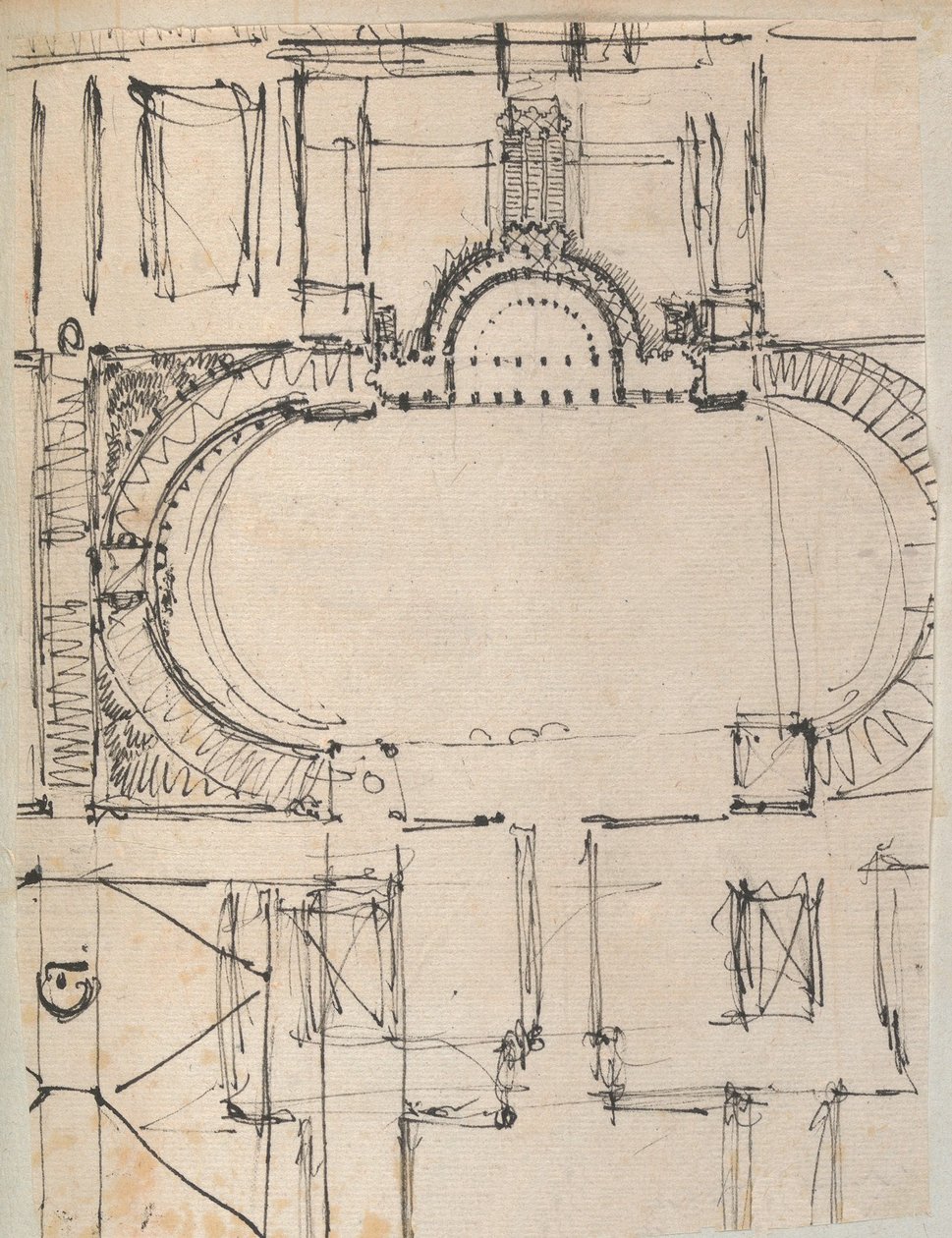 Stránka z Scrapbook obsahující kresby a několik tisků architektury, Int..., ca. 1800-1850. Tvůrci: Workshop Charlese Perciera, Workshop Pierra Françoise Léonarda Fontaina. od Workshop of Charles Percier, Workshop of Pierre