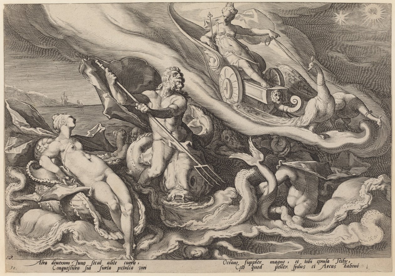 Juno si stěžuje Oceanusovi a Tethys na Callisto od Workshop of Hendrick Goltzius, after Hendrick Goltzius