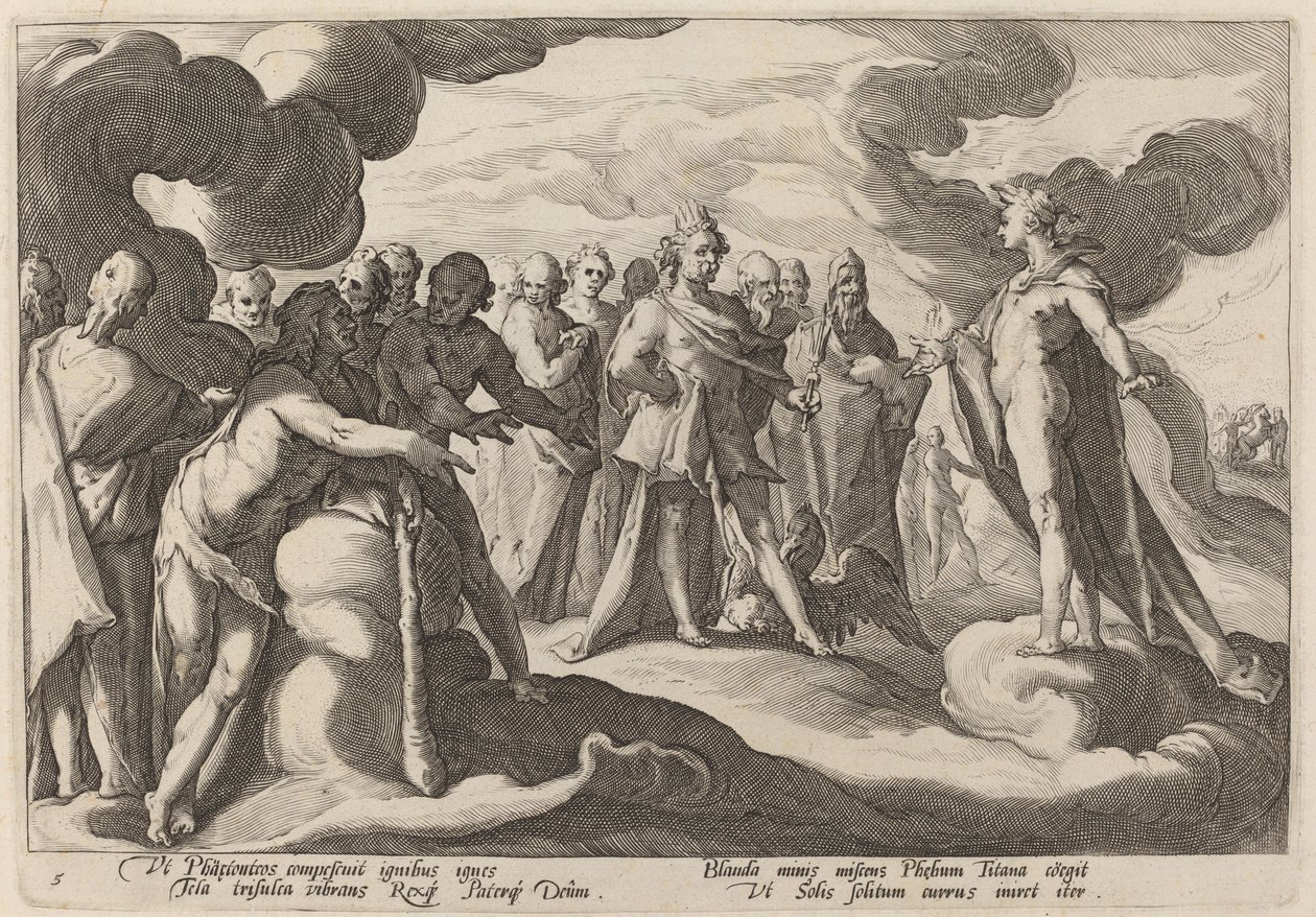 Jupiter a bohové žádají Helia, aby znovu převzal kontrolu nad vozem od Workshop of Hendrick Goltzius, after Hendrick Goltzius