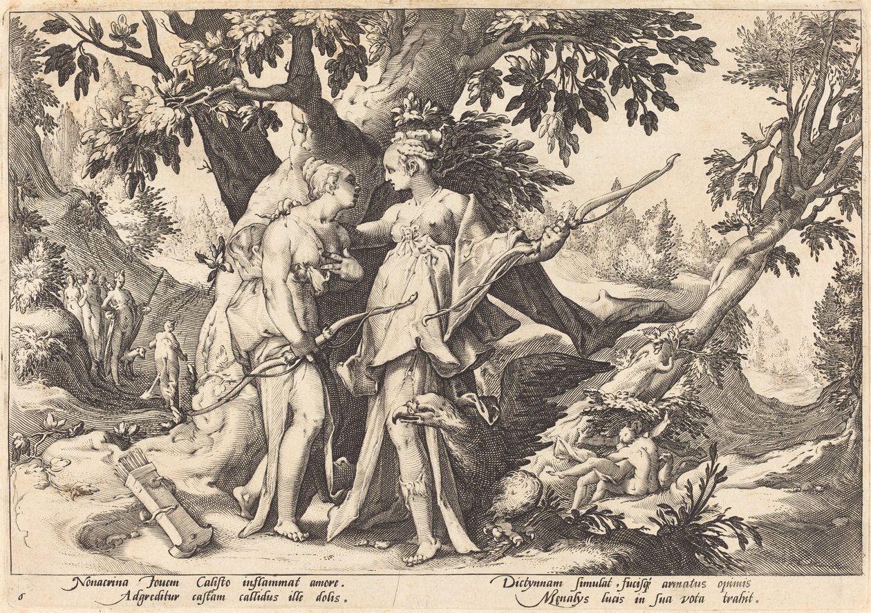 Jupiter v přestrojení Diany svádí Callisto od Workshop of Hendrick Goltzius, after Hendrick Goltzius