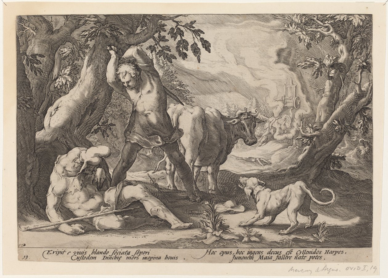 Krajina s Merkurem, který zvedá meč, aby zabil spícího Arguse od Workshop of Hendrick Goltzius, after Hendrick Goltzius