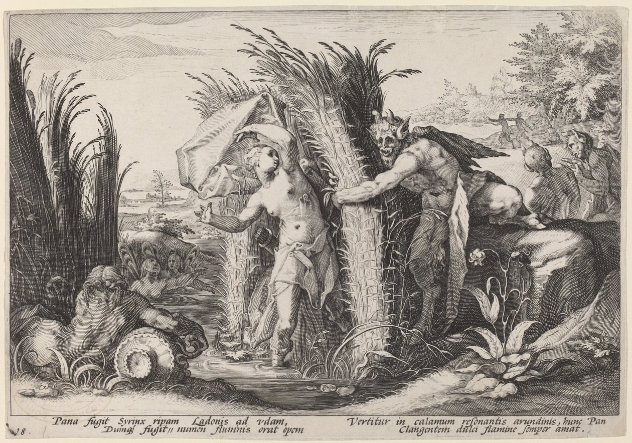 Pan a Syrinx od Workshop of Hendrick Goltzius, after Hendrick Goltzius