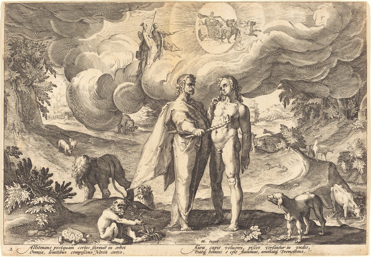 Prométheus dělá člověka a oživuje ho ohněm z nebe od Workshop of Hendrick Goltzius, after Hendrick Goltzius
