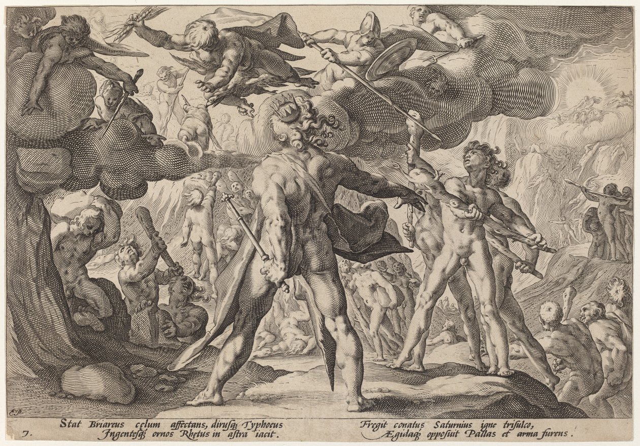 Obři šplhající po nebesích od Workshop of Hendrick Goltzius, after Hendrick Goltzius