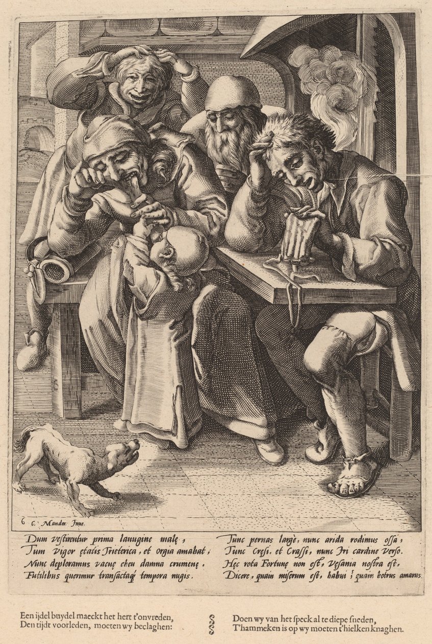 Když je vaše peněženka prázdná, jíte kosti, ne slaninu od Workshop of Hendrick Goltzius, after Karel van Mander I
