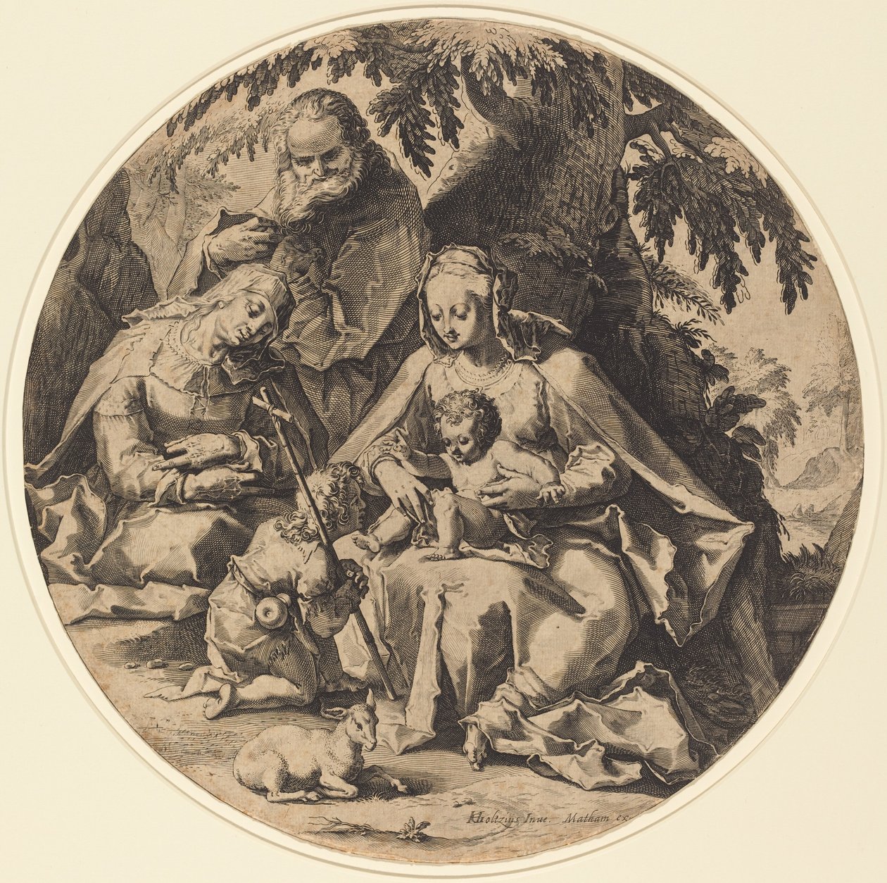 Svatá rodina se svatou Alžbětou a svatým Janem Křtitelem od Workshop of Jacob Matham, after Hendrik Goltzius