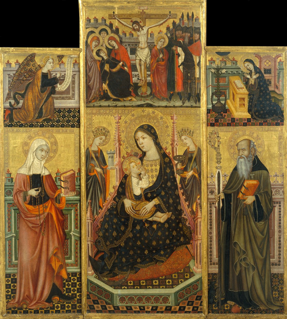 Oltářní obraz Panny sající dítě, svaté Kláry a svatého Antonína Abbotta od Workshop of Llorenç Saragossa