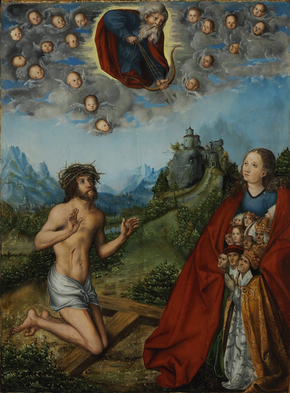Dvojí přímluva: Kristus a Panna Maria se přimlouvají za lidstvo u Boha Otce. od workshop of Lucas Cranach the Elder