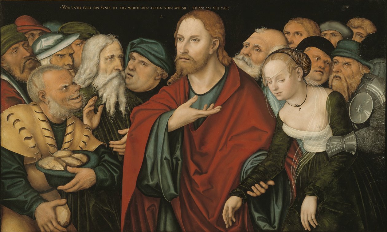 Německy: Christus und die Ehebrecherin Kristus a žena, která se dopustila cizoložství od workshop of Lucas Cranach the Elder