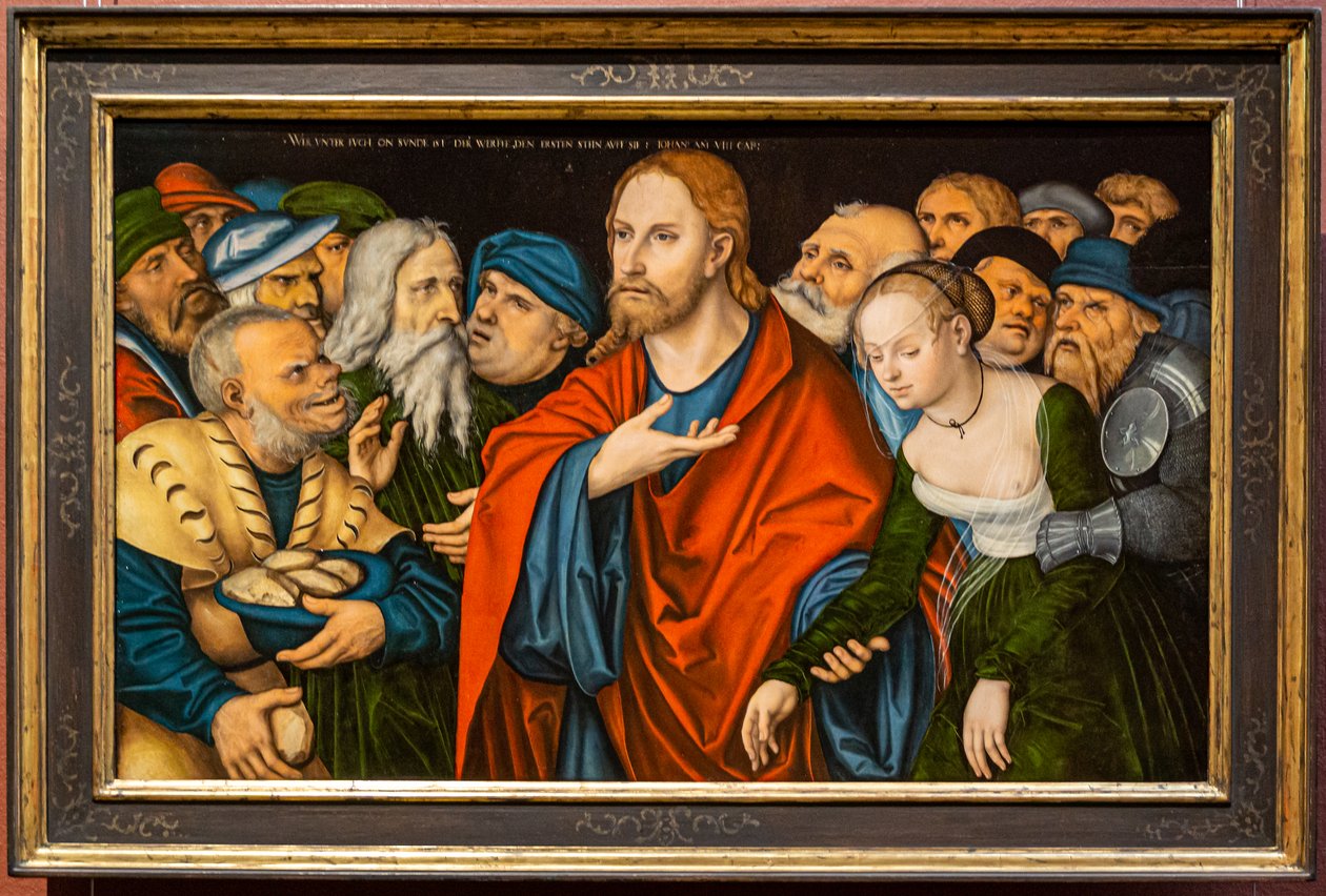 Německy: Christus und die Ehebrecherin Kristus a žena, která se dopustila cizoložství od workshop of Lucas Cranach the Elder