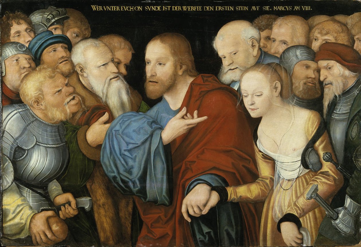 Německy: Christus und die Ehebrecherin Kristus a žena, která se dopustila cizoložství od workshop of Lucas Cranach the Elder