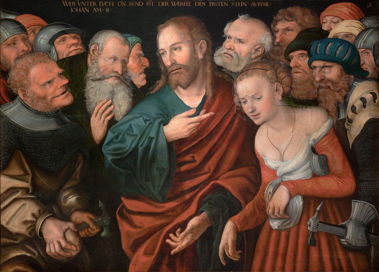 Německy: Christus und die Ehebrecherin Ježíš Kristus a žena, která byla chycena při cizoložství od workshop of Lucas Cranach the Elder